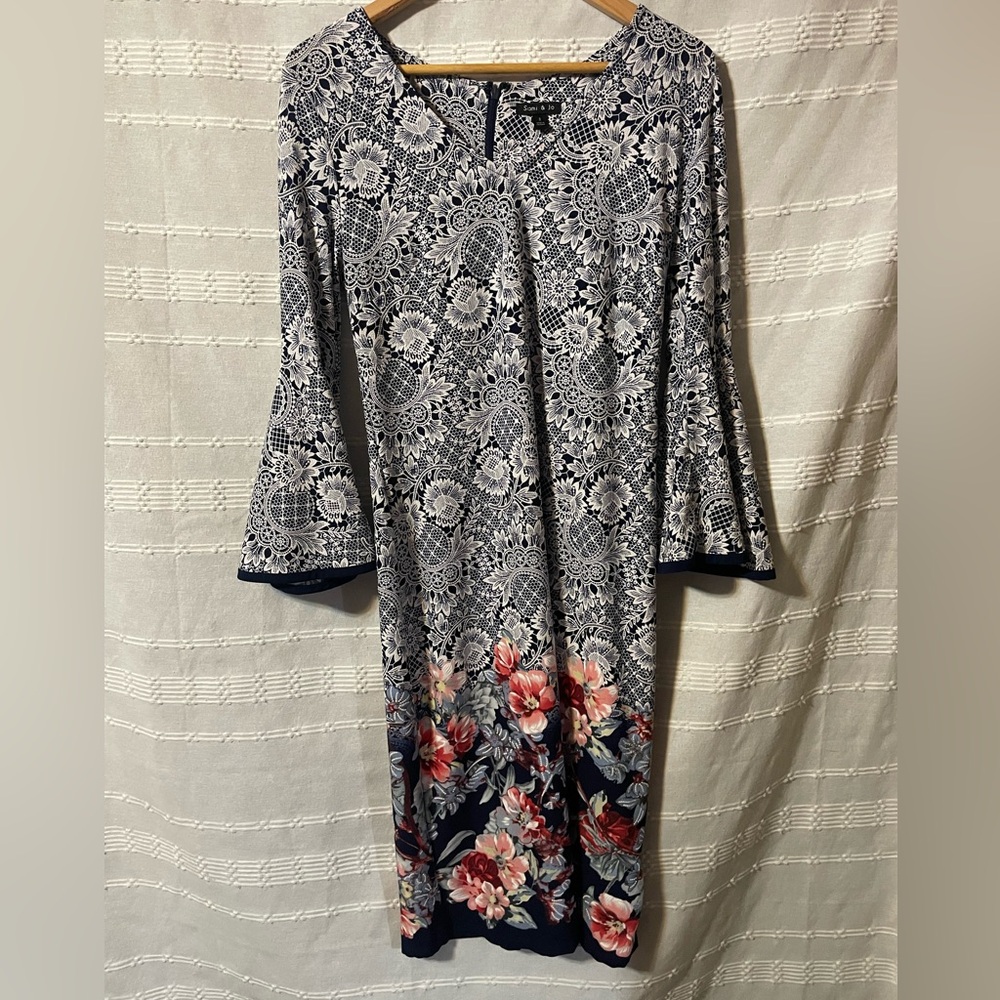 Sam & Joe Navy Floral Boarder V Neck Bell Sleeves Taylor Dress